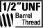 Schwarz-weiß-Symbol mit Text „1/2'' UNF Barrel Thread“ und stilisierter Gewindegrafik, zeigt ein Laufgewinde für Zubehörmontage.